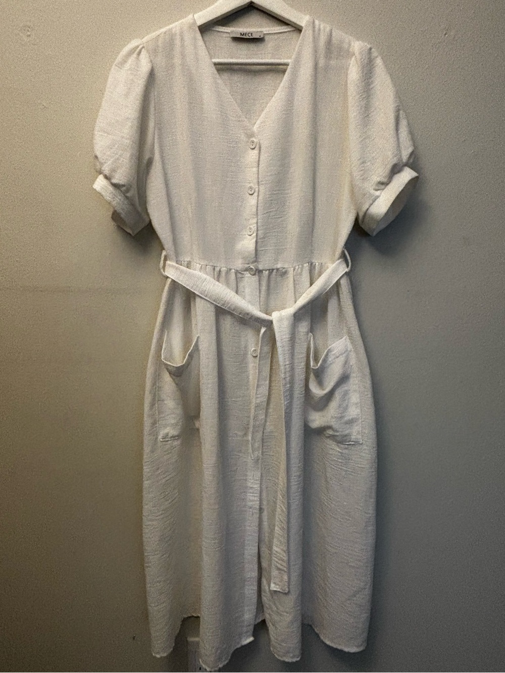 MEÇE White Button-Front Midi Dress with Tie Waist